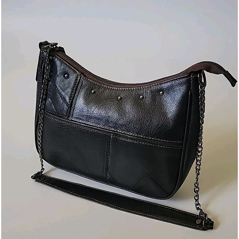 Vaan & Co Supple Leather Carbon‎ Black Hobo Shoulder Bag Chain Strap Classic
